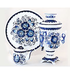 Painted samovar "Bank" 3 l in a set of "Gzhel"